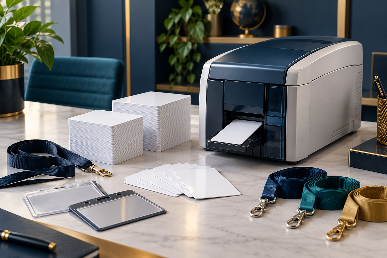 ID card printer with blank cards, lanyards, and badge holders