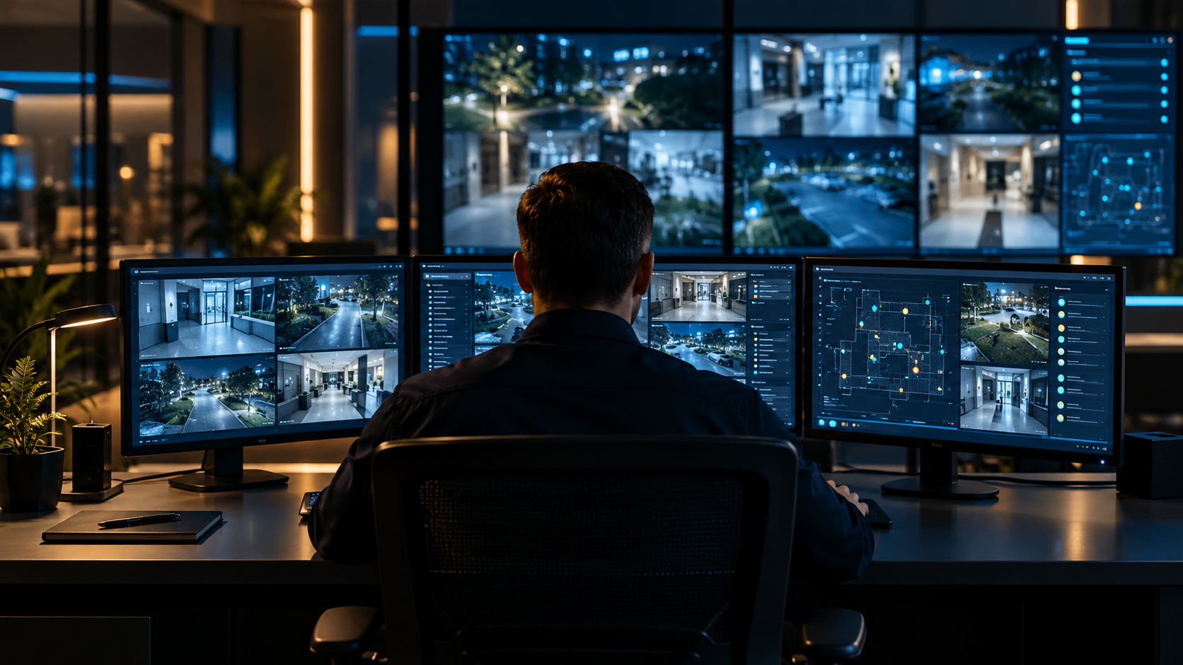 Security monitoring desk with multiple camera feeds